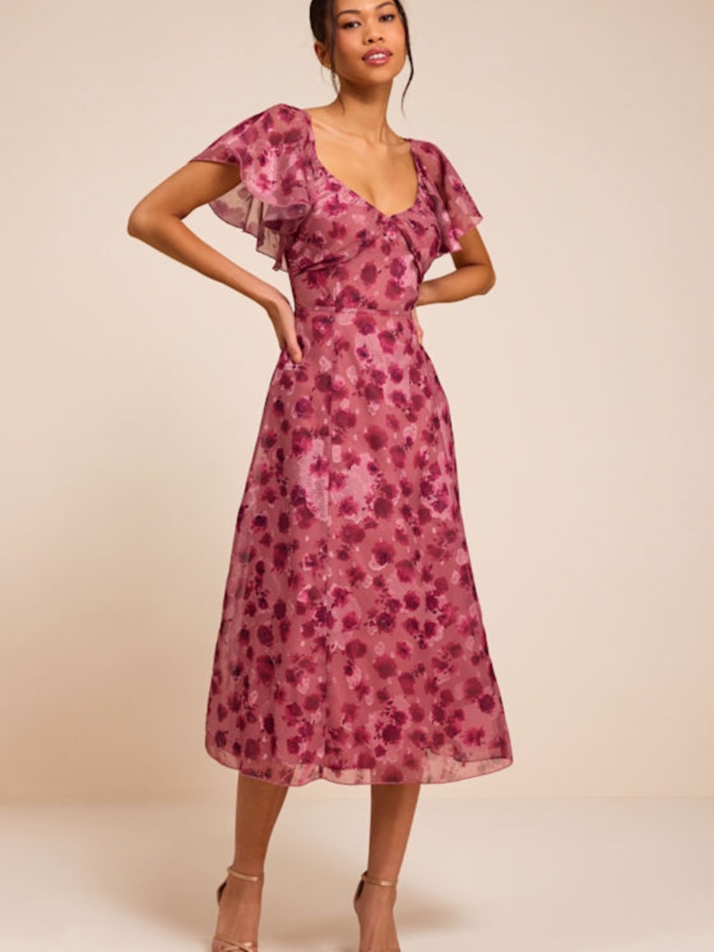 Lulus Camillo Mauve Floral Jacquard Flutter Sleeve Midi Dress Pink - Size L